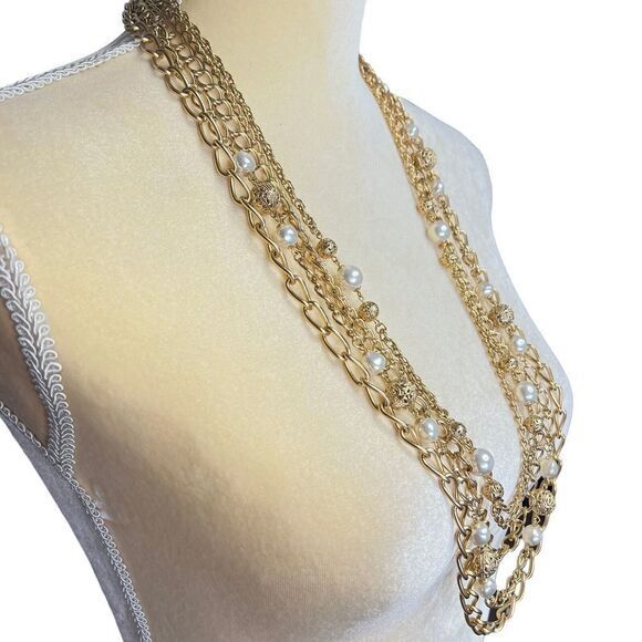 Gold-Tone Faux Pearl Bead Multi Chain Statement Necklace 34.5 in 5 Strand - Picture 12 of 16